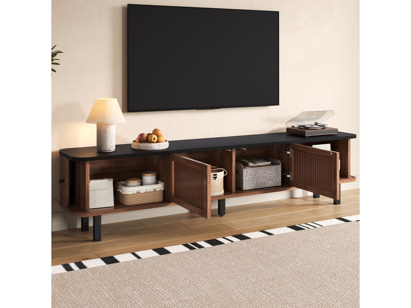  Meuble tv 190x35x45 cm, portes coulissantes, grand rangement, lowboard moderne, meuble multimédia, mdf et pb pour salon - noyer  - Conforama D