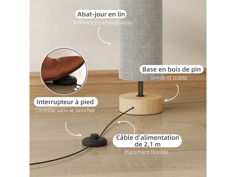  Lampadaire sur pied de salon avec abat-jour en lin, interrupteur à pied, 2 x douille e27, gris, 120 cm  - Conforama E