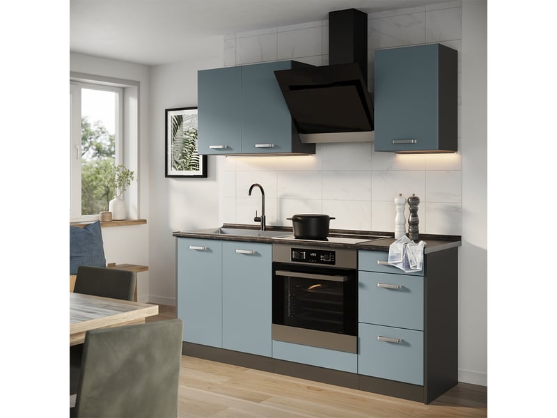  Vicco cuisine, bleu-grisanthracite, 180cm plan de travail chêne doré  - Conforama C