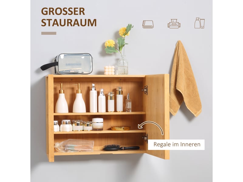  Armoire de toilette avec miroir 2 portes, 4 compartiments, 65,2 x 50 cm, bambou naturel (89 caractères)  - Conforama R