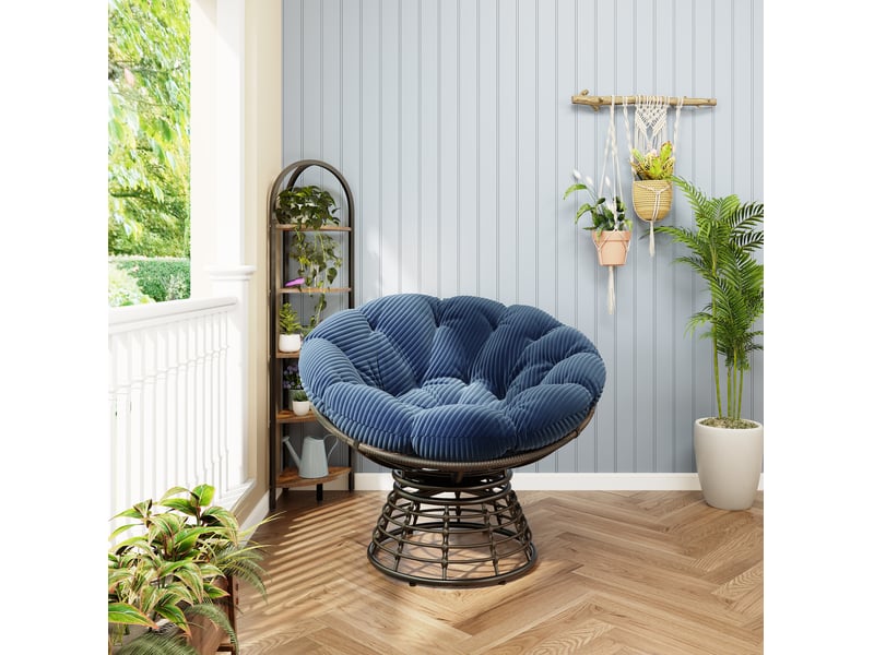  Fauteuil papasan pivotant à 360° en résine tressée marron, coussin bleu marine, pour intérieur et extérieur  - Conforama E