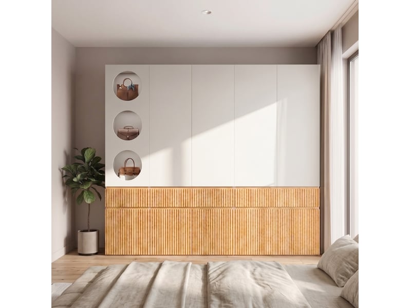  Armoire penderie 225 x 50 x 200 cm chêne clair et gris, mdf, 10 portes avec 3 tiroirs et 2 tringles  - Conforama B