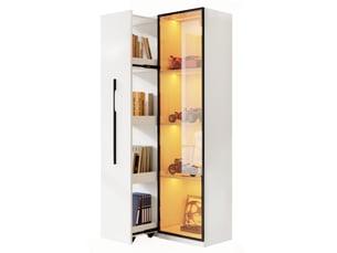 Armoire multifonction 160 cm blanche, vitrine avec éclairage led et bibliothèque coulissante, meuble de rangement pour salon et salle à manger.