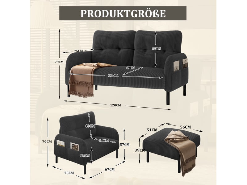  Ensemble canapé 2 places fauteuil et pouf modenvie en velours côtelé gris  - Conforama C