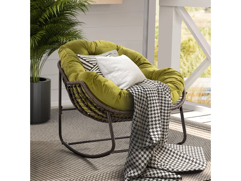  Cocon - fauteuil à bascule en rotin naturel - forme œuf et coussin vert olive - confortable pour salon, véranda ou chambre  - Conforama B