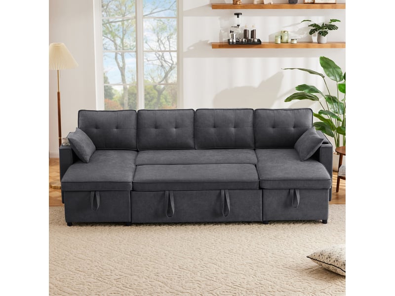  Canapé d'angle convertible u 4 places en tissu gris avec rangement et porte-gobelets, idéal pour le salon  - Conforama E