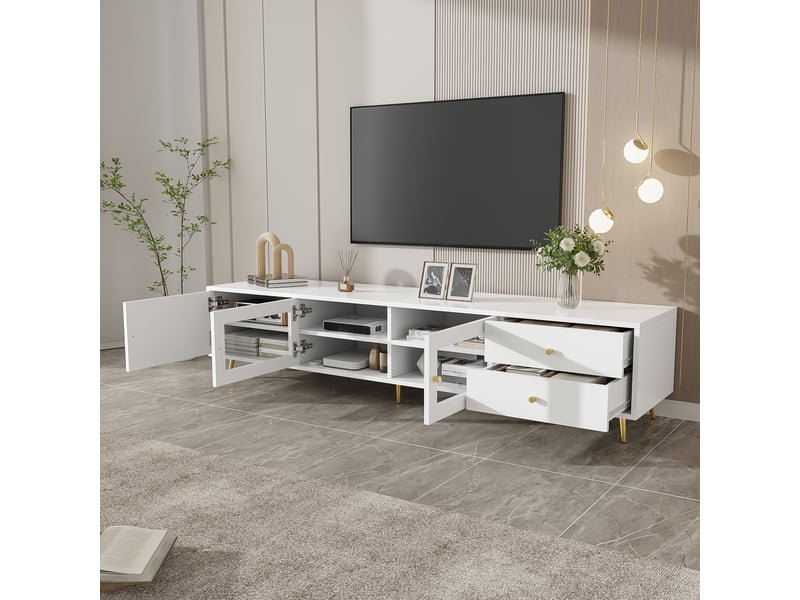  Meuble tv avec 2 tiroirs, 2 portes vitrées, 1 porte et étagères réglables, pour salon, en blanc, 170×40×43 cm  - Conforama B