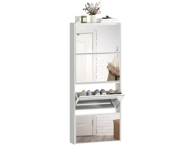  Étagère à chaussures à 4 portes avec miroir et finition bois anti-basculement, 63 x 17 x 146 cm, blanche  - Conforama A