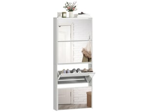 Étagère à chaussures à 4 portes avec miroir et finition bois anti-basculement, 63 x 17 x 146 cm, blanche