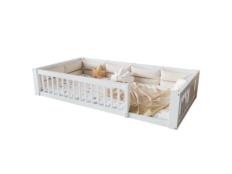  Lit plateforme 90x200 cm blanc avec coussins et barrière de sécurité lit enfant bois massif  - Conforama A