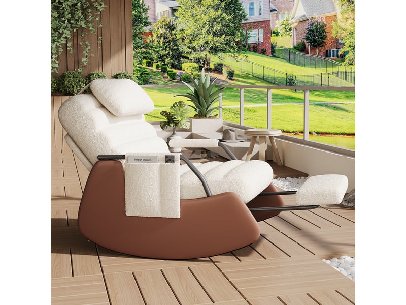  Fauteuil à bascule en laine d'agneau - 91.5 x 67 x 92 cm-beige - chaise à bascule ergonomique avec repose-pieds et dossier réglable  - Conforama D