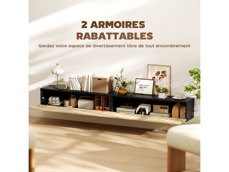  Meuble tv suspendu 2 portes rabattables bois naturel et noir 140 x 25 x 22 cm  - Conforama E
