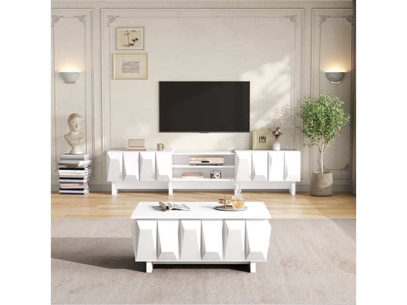  Ensemble salon meuble tv et table basse en panneau de particules avec relief, 4 portes et niche ouverte pour le séjour  - Conforama E