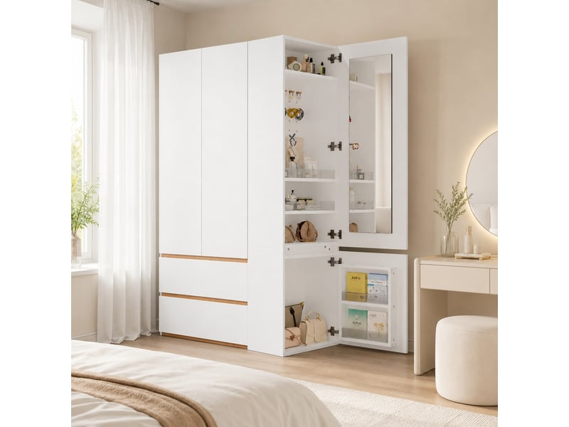  Armoire avec miroir et cabinet de toilette, 120 x 50 x 200 cm, 1 penderie et 2 tiroirs, style moderne, blanc  - Conforama D