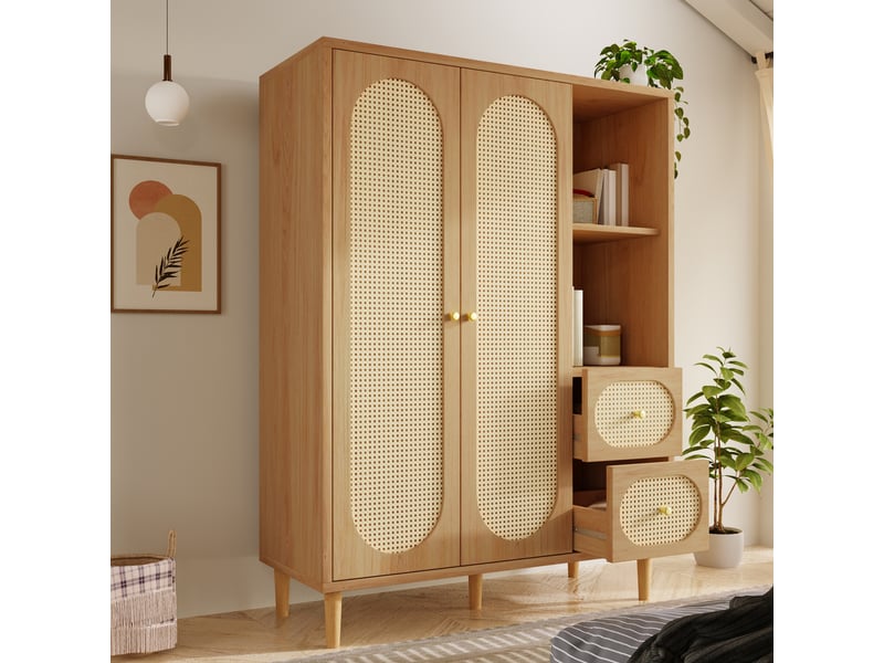 Armoire 120x48x161 cm avec penderie et portes en cannage rotin, dressing avec 2 tiroirs et étagères, style bohème - aspect chêne - Conforama C