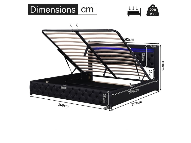  Lit coffre 160x200 avec led et sommier à lattes, structure capitonnée, noir  - Conforama E