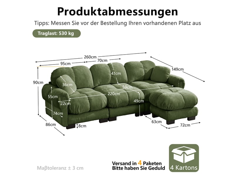  Canapé modulable 3 places 260 cm canapé droit en tissu chenille avec 1 pouf mobile, design matelassé, coussins épais, dossier ergonomique, vert Seren Glow - Conforama C