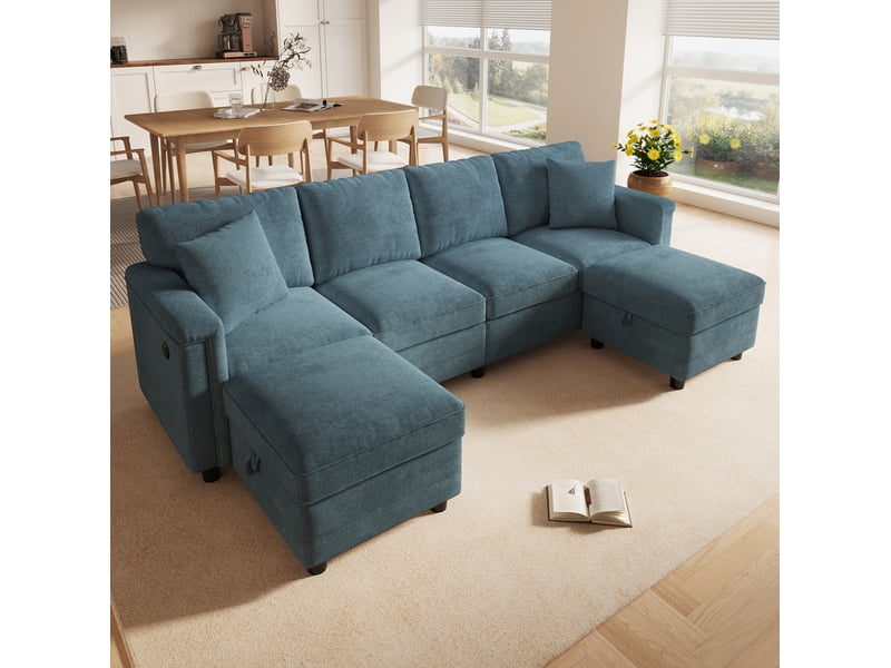  Canapé modulable 6 places bleu en tissu, 2 poufs de rangement et ports usbtype-c pour un salon moderne  - Conforama B
