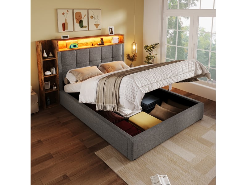 Lit coffre enfant 90x200cm style minimaliste rangement led tactile usb type-c tête capitonnée lin mdf gris sans matelas - Conforama B