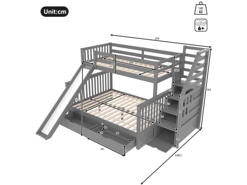 Lit superposé 140x200(90x200) cm coloris gris pin lit enfant gris - Conforama C