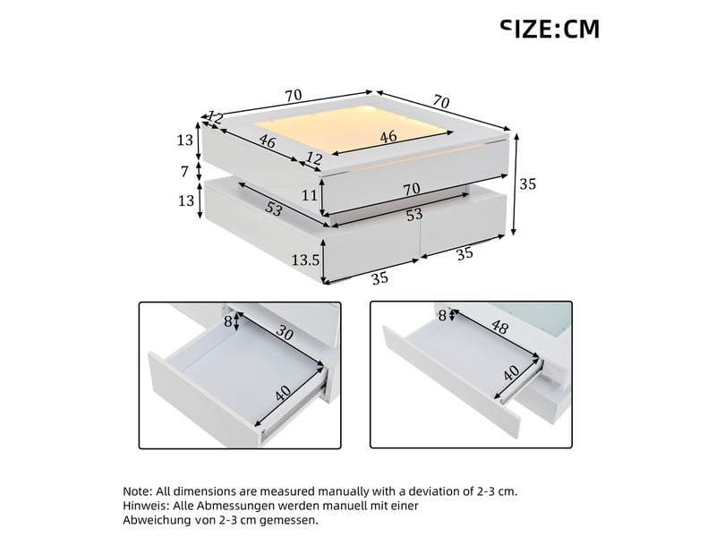  Table basse 70x70x35 cm led 3 tiroirs panneau de particules blanc  - Conforama C