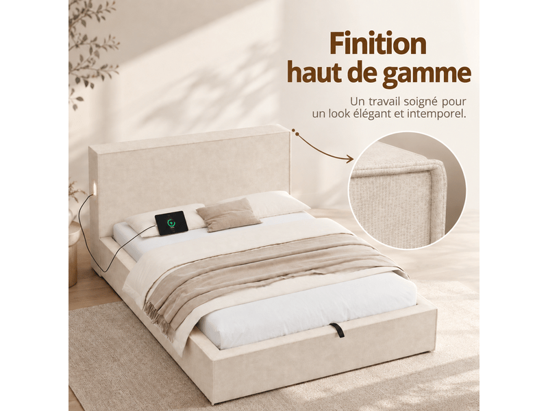  Lit coffre rembourré 120 x 200 cm avec rangement hydraulique, tête de lit 9 cm et cadre anti-glisse, en chenille beige, sans matelas  - Conforama D