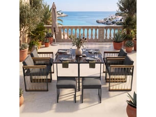 Salon de jardin,117x117 cm,7 pièces 6 places,verre trempé,noir naturel