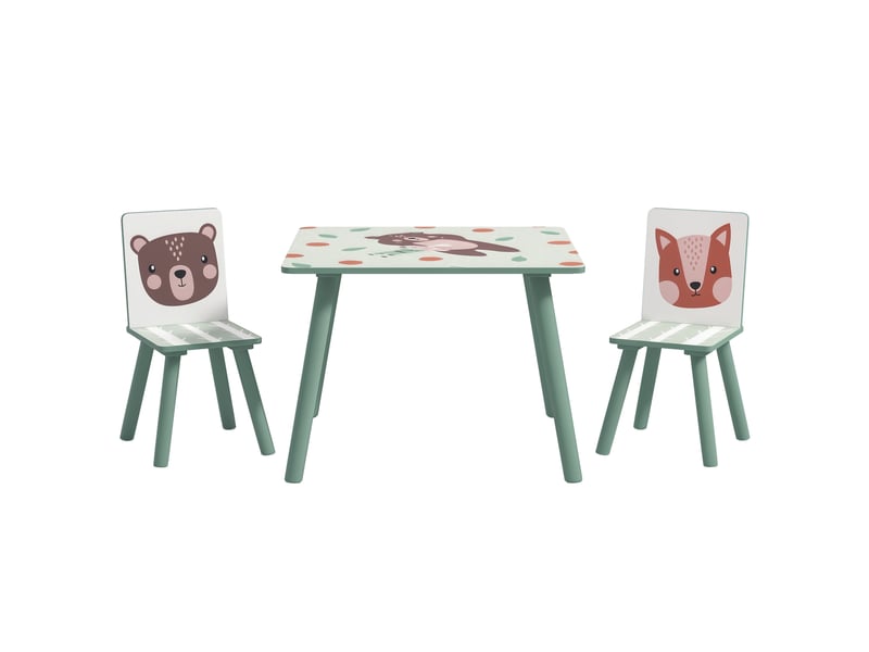  Ensemble de salon pour enfants de 3 à 8 ans, comprenant une table et deux chaises, avec un joli motif d'animaux, de couleur verte.  - Conforama A
