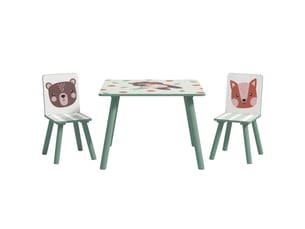 Ensemble de salon pour enfants de 3 à 8 ans, comprenant une table et deux chaises, avec un joli motif d'animaux, de couleur verte.