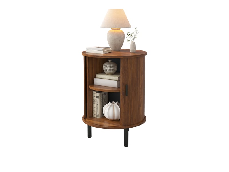  Table d'appoint rondebuffet, forme ronde, 1 porte coulissante, décor rainuré vertical, poignées noires, pieds en métal noir, 1 étagère intermédiaire, 2 niveaux de rangement  - Conforama A