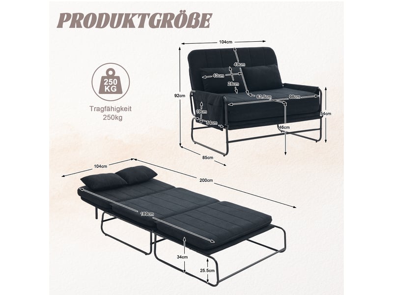 Canapé convertible 2 places - 104x85x92cm - banquette lit pliable dossier réglable tissu chenille et métal - noir  - Conforama E
