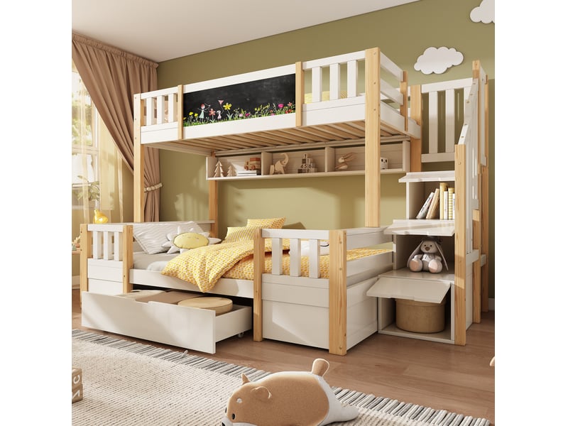  Lit superposé enfant 3 couchages 90 x 200 et 140 x 200 blanc et naturel avec rangements  - Conforama D