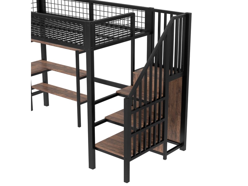  Lit mezzanine 90 x 200 cm avec bureau, armoire, étagères et échelle avec rangement, métal et mdf, noir et marron Fay Lum - Conforama E