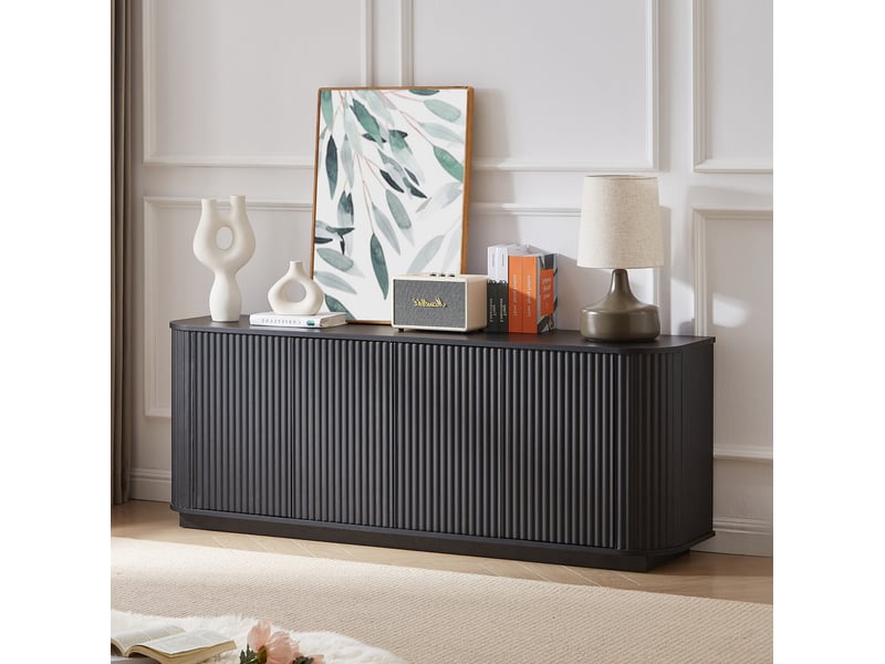  Meuble tv ulevr à 4 portes avec rangement 162,5 x 38 x 61 cm en mdf noir, façade ondulée  - Conforama B