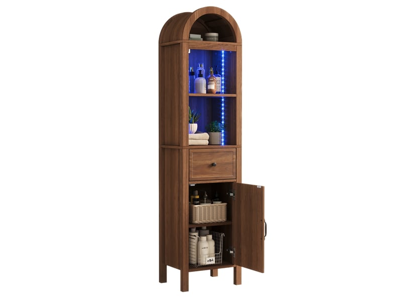 Armoire de salle de bains haute 163 cm en mdf bois foncé avec led rgb et porte réversible, rangement optimisé - Conforama A
