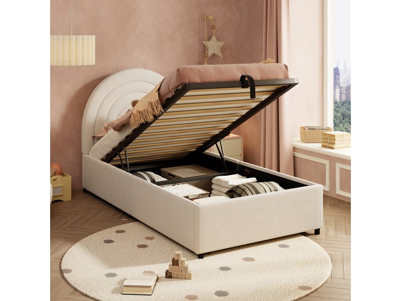  Lit rembourré 90 x 200 cm, lit enfant, lit simple avec sommier à lattes et tête de lit, lit junior, convient aux adultes et adolescents, lattes en bois, montage facile, bouclé, beige  - Conforama B