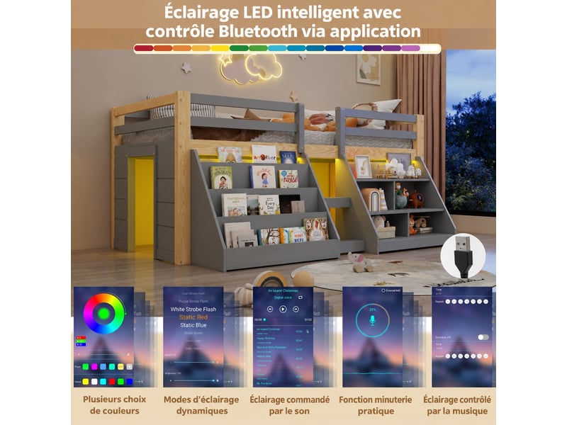 Lit mezzanine enfant 90x200 avec escalier et étagères de rangement, lit enfant avec éclairage led - pin gris et naturel - Conforama D