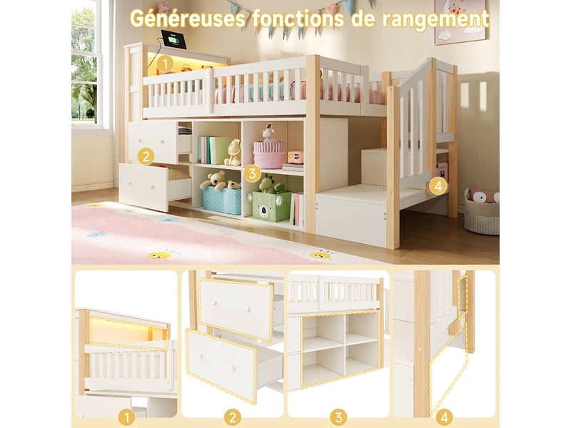  Lit mezzanine 90x200 bois naturel avec rangements, escalier et éclairage led sans matelas  - Conforama D
