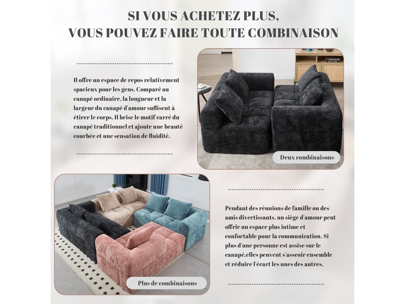  Canapé droit 2 places en chenille noire 158x90x60 cm, avec coussin et poches latérales, sans montage 158x90x60cm - Conforama R