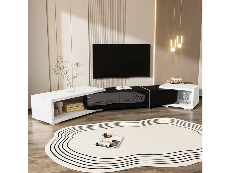  Meuble tv modenvie extensible pivotant 140 à 260 cm mdf noir effet marbre blanc  - Conforama E