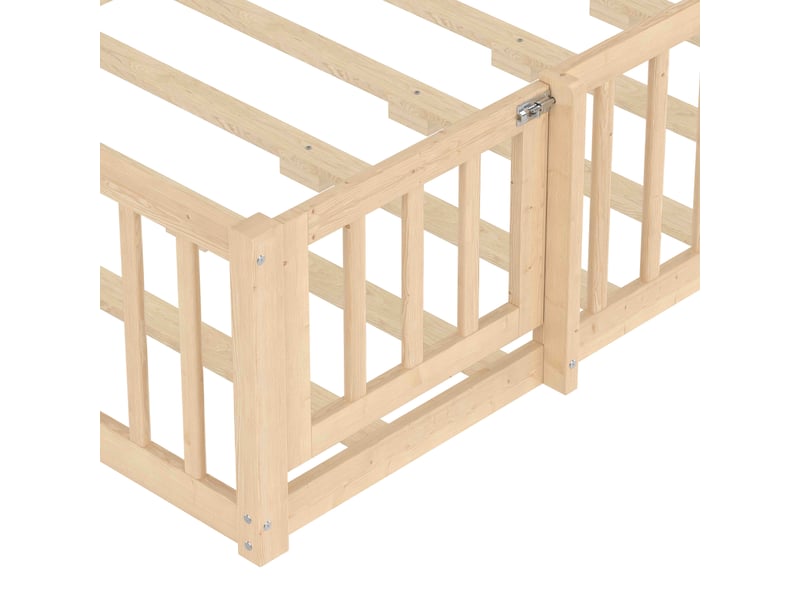  Lit enfant 140x190 en pin naturel avec barrière de sécurité et serrure, design maison  - Conforama E
