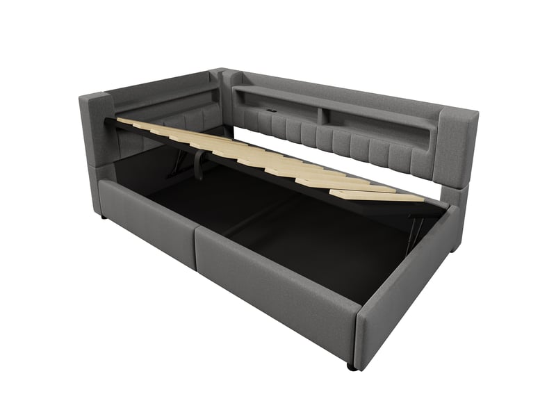  Lit banquette gris 90x200 cm avec coffre hydraulique, led, usbtype-c, lin, minimaliste  - Conforama D