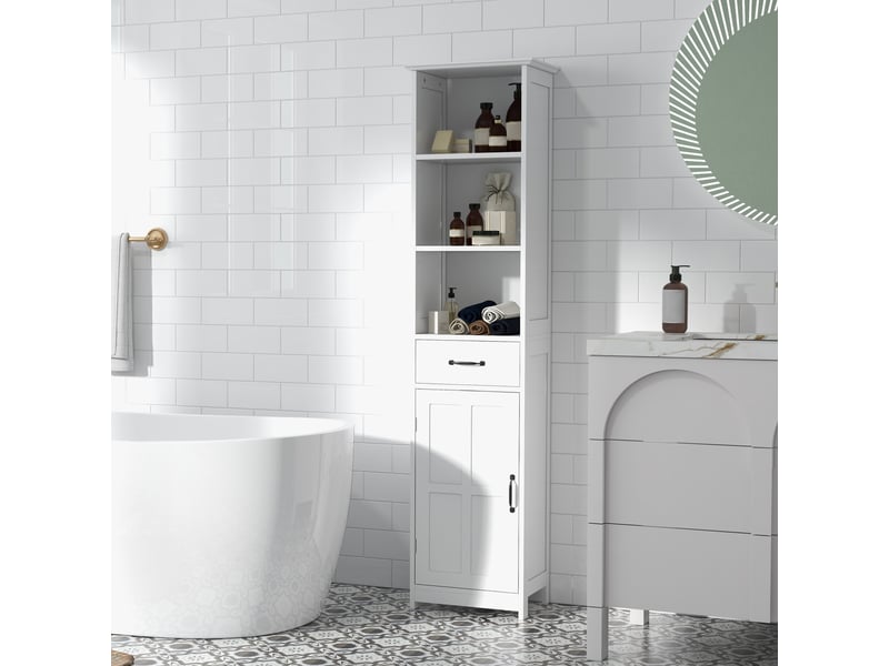  Meuble de salle de bain à trois compartiments ouverts, tiroir et étagère réglable, 40 x 30 x 164 cm, blanc  - Conforama D