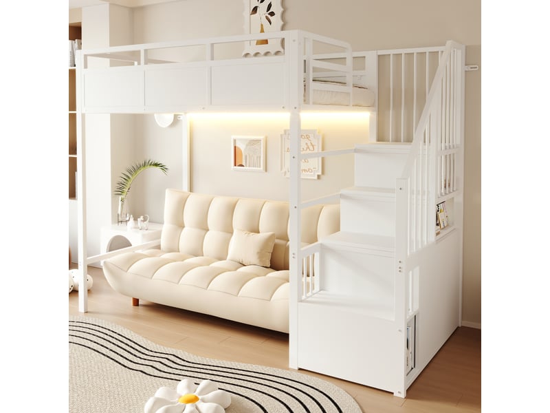 Lit mezzanine enfant 90 x 200 cm avec échelle de rangement réversible, garde-corps haut, led, structure en métal et panneaux bois, blanc - Conforama D