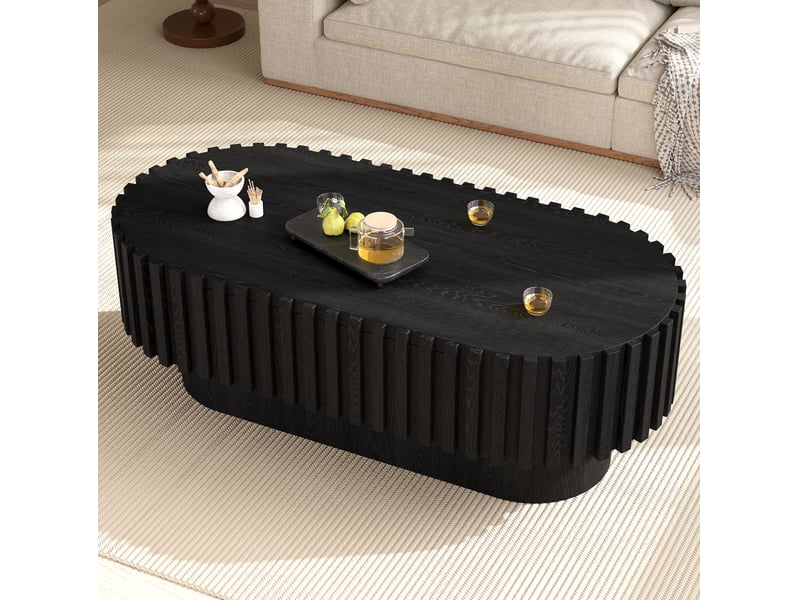 Table basse ovale avec 1 tiroir, décor à lamelles verticales, style moderne rustique, en mdf noir, 100 × 50 × 35,5 cm - Conforama B