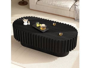 Table basse ovale avec 1 tiroir, décor à lamelles verticales, style moderne rustique, en mdf noir, 100 × 50 × 35,5 cm