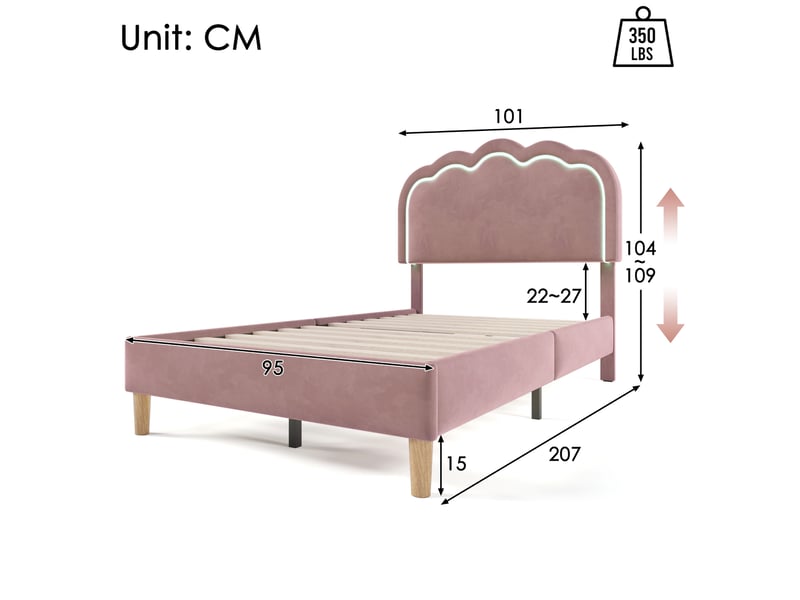  Modenvie lit simple capitonné 90x200 cm - tête de lit led réglable, sans matelas - rose  - Conforama C