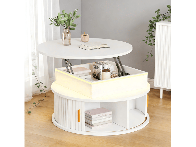  Table basse ronde relevable ø 75 cm avec rangement et led en mdf blanc  - Conforama B