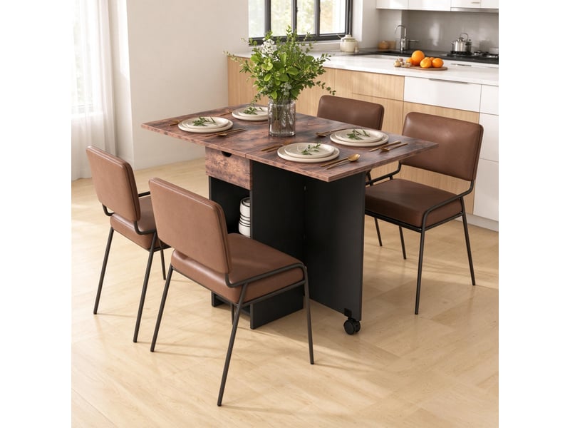  Table à manger pliant extensible 120 cm, table cuisine avec 2 rallonges rabattables pour 2 à 4 personnes, gain de place avec rangement - noir et bois  - Conforama E