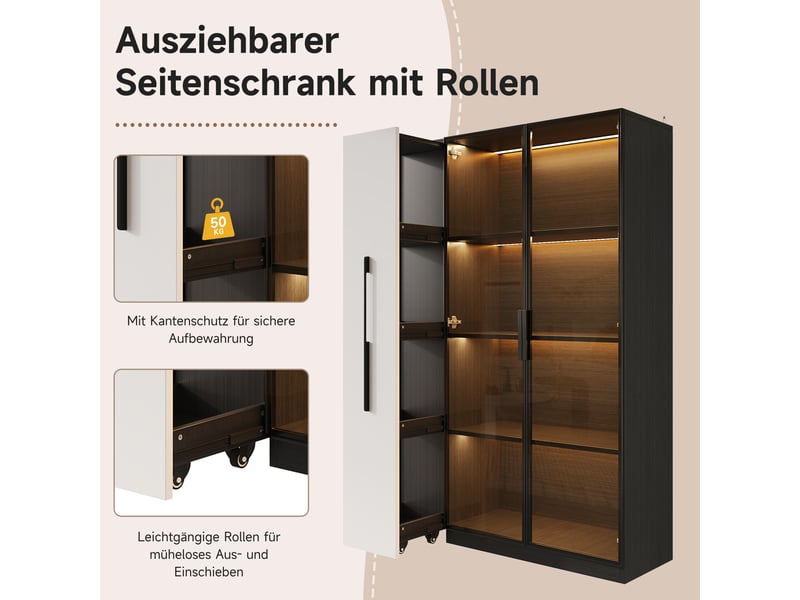  Vitrine moderne avec éclairage led, armoire haute noir et blanc 110.5x35x160 cm, meuble de rangement avec porte en verre  - Conforama E